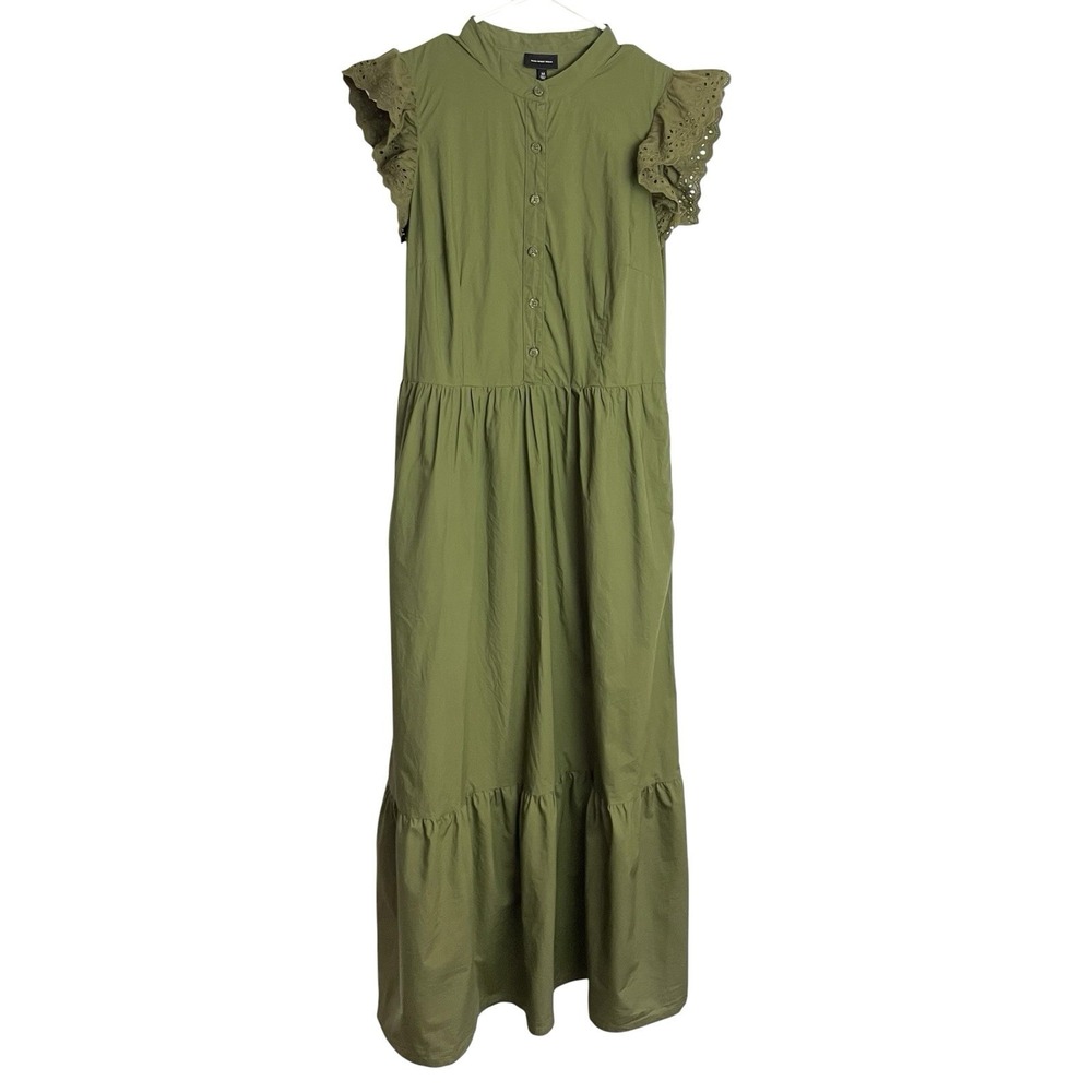 Who What Wear Womens Boho Prairie Dress Size M Green Ruffle Eyelet Sleeve Midi